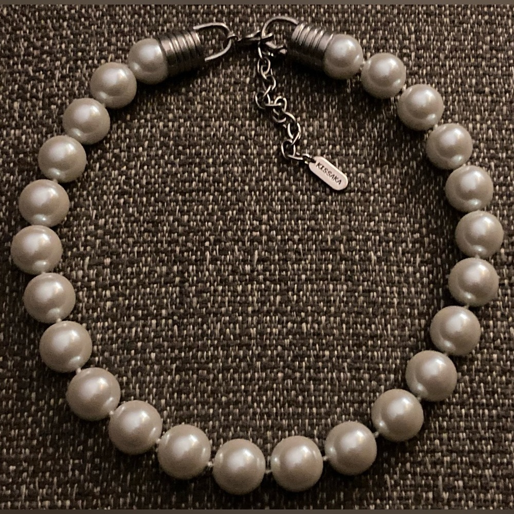 KISSAKA Signed, Hand Knotted, Silver Tone, Faux Pearl Choker & Bracelet
